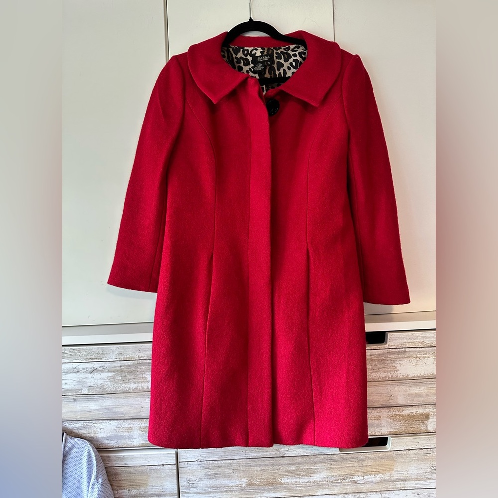 ❤️ Peck & Peck Red Wool Blend Swing Coat Leopard Lined Size 6 Dress Coat